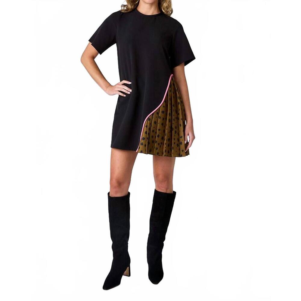 CROSBY by Mollie Burch Black Mini Dress with Olive Polka Dot Pleat and Pink Trim